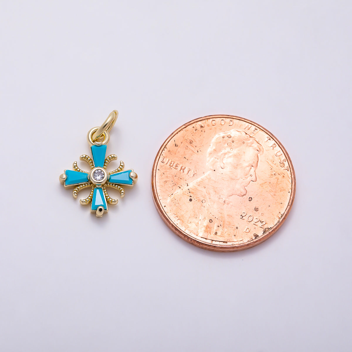 16K Gold Filled 12mm Turquoise Baguette Solitaire Clear CZ Vintage Cross Religious Charm | Charms-01612