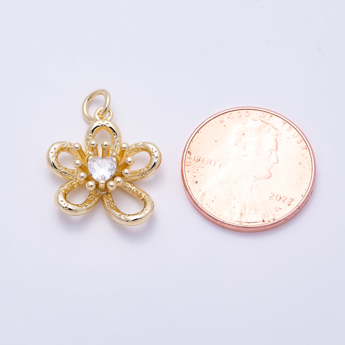 16K Gold Filled 17mm Heart CZ Textured Openwork Flower Charm | Charms-01636