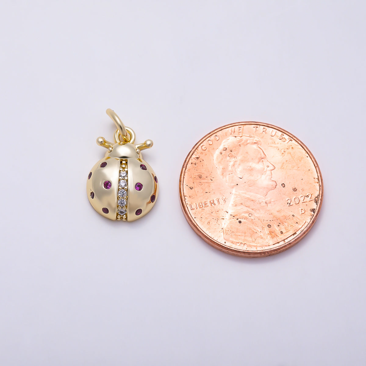16K Gold Filled 13mm Fuchsia CZ Puffy Ladybug Animal Charm | Charms-01613