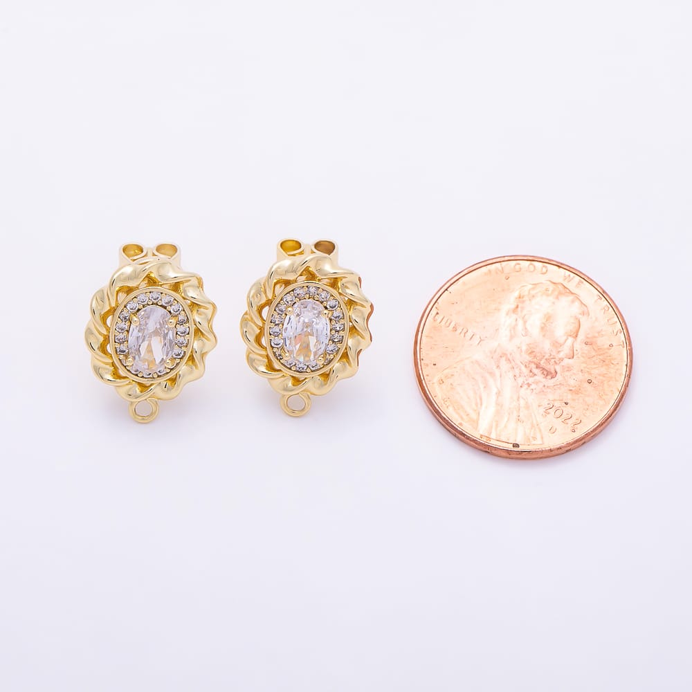 16K Gold Filled 15mm Clear Oval Micro Paved CZ Twisted Solitaire Loop Drop Stud Earring Findings | Findings-00193