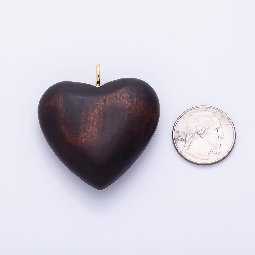 AUNTUMN FALL 18K Gold Filled 50mm Wood Brown Enamel Resin Chubby Heart Pendant | Charms-02438