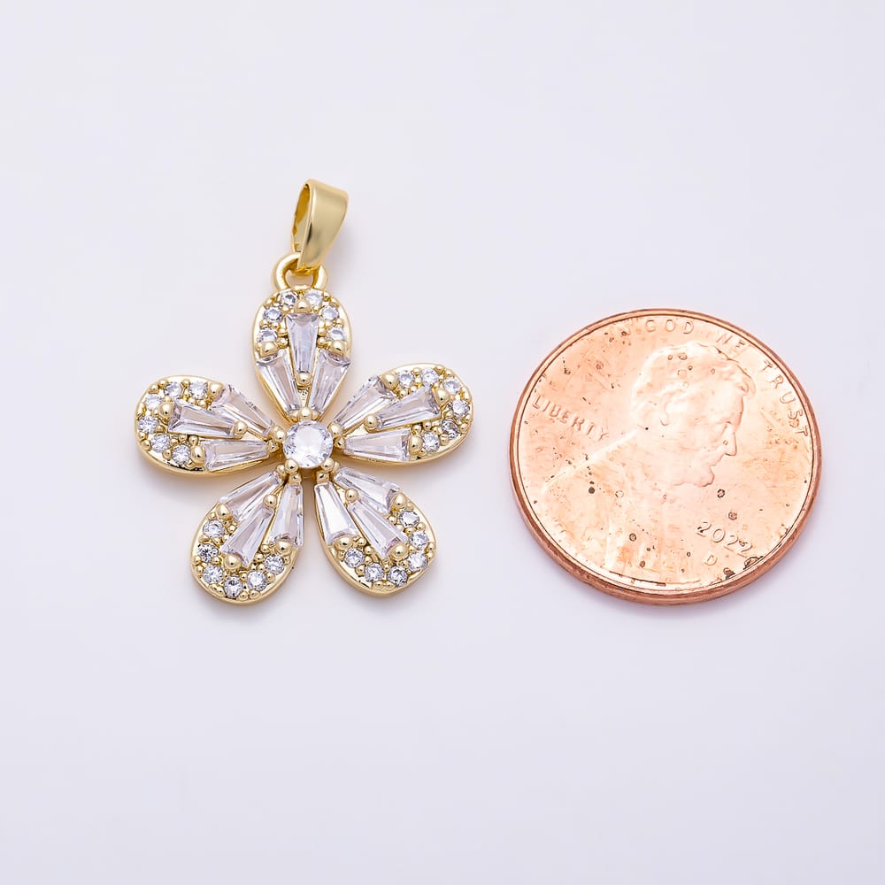14K Gold Filled 22mm Clear Baguette Micro Paved CZ Flower Pendant | Charms-02256