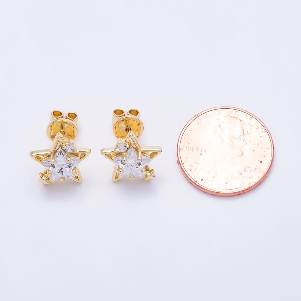 16K Gold Filled 11mm Layered Star Cut Clear CZ Celestial Stud Earrings | Earrings-01040 - Earrings-01041