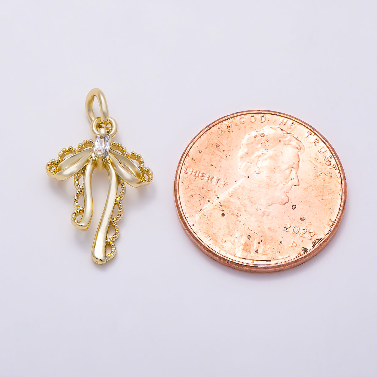 16K Gold Filled 17mm Baguette CZ Vintage Coquette Draped Ribbon Charm | Charms-01618