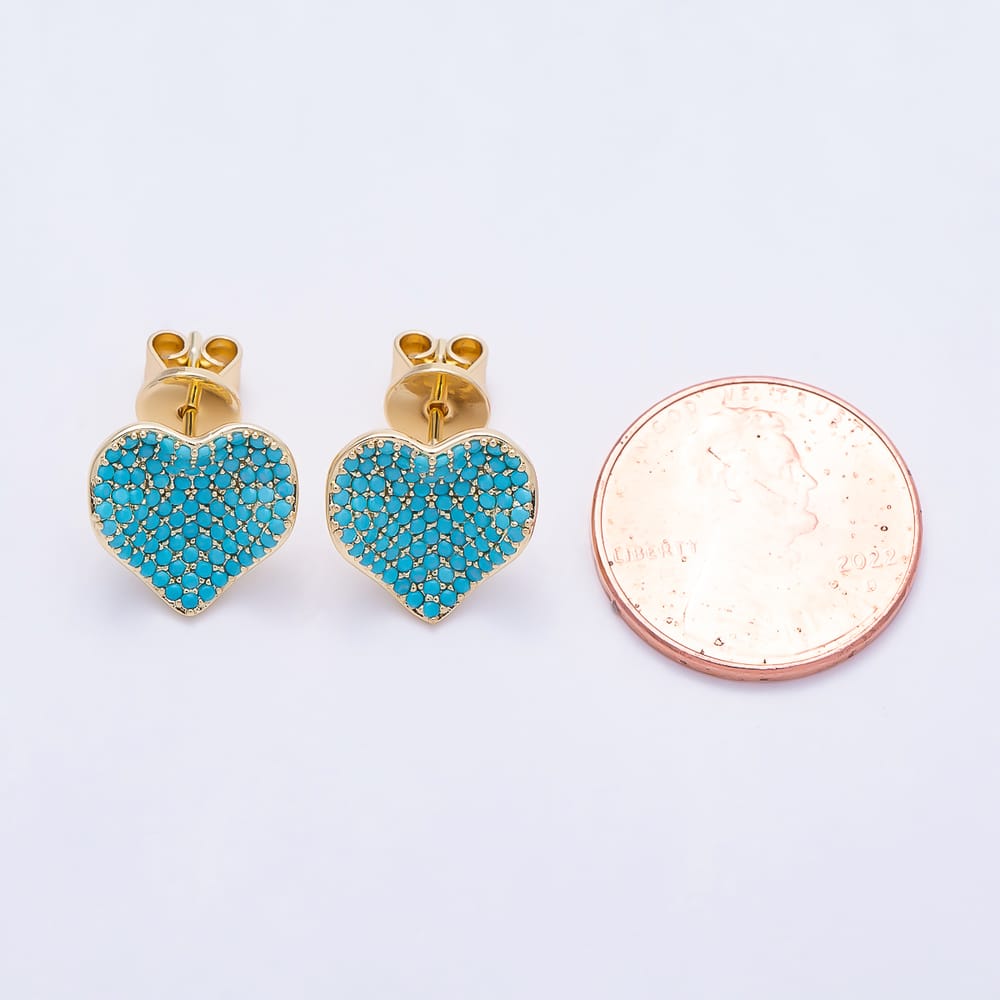 16K Gold Filled 16mm Turquoise Micro Paved CZ Love Heart Stud Earrings | Earrings-01046 - Earrings-01047