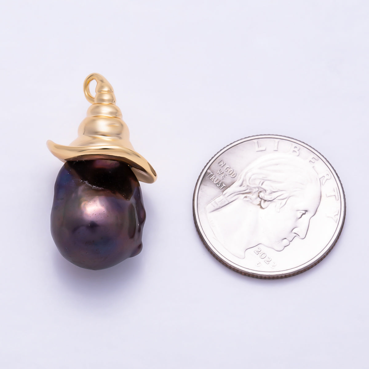 16K Gold Filled 35mm Purple Baroque Freshwater Pearl Swirl Witch Hat Charm | Charms-01901