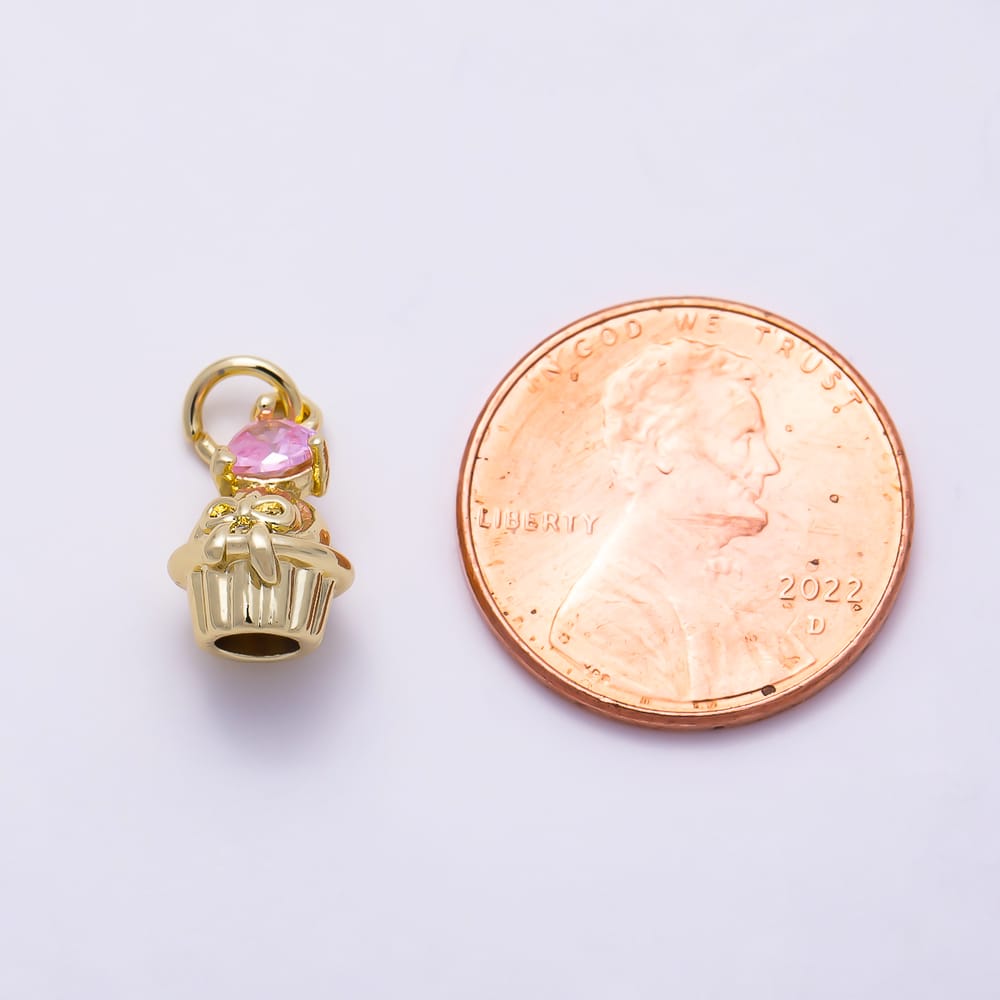 16K Gold Filled 12mm Purple, Pink Heart CZ Cupcake Dessert 3D Multidimensional Charm | Charms-02245 Charms-02246