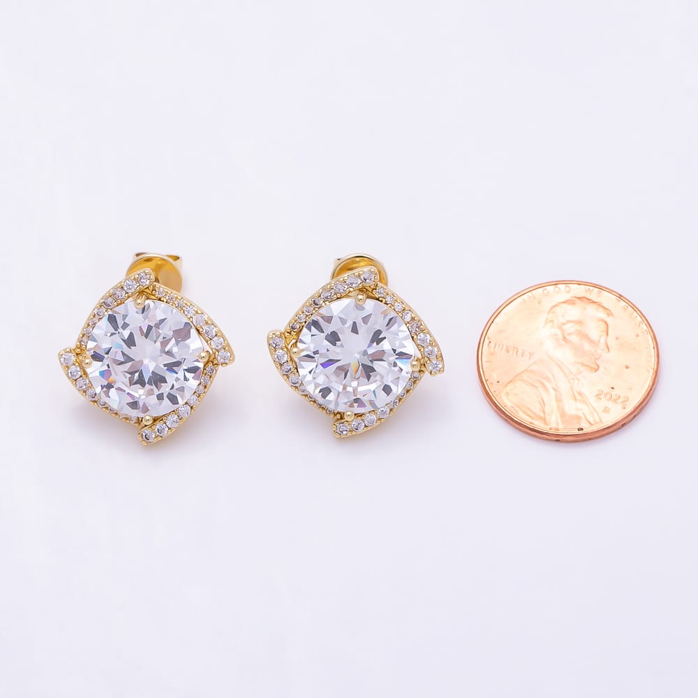 16K Gold Filled 18mm Round CZ Micro Paved Swirl Halo Stud Earrings| Earrings-00936