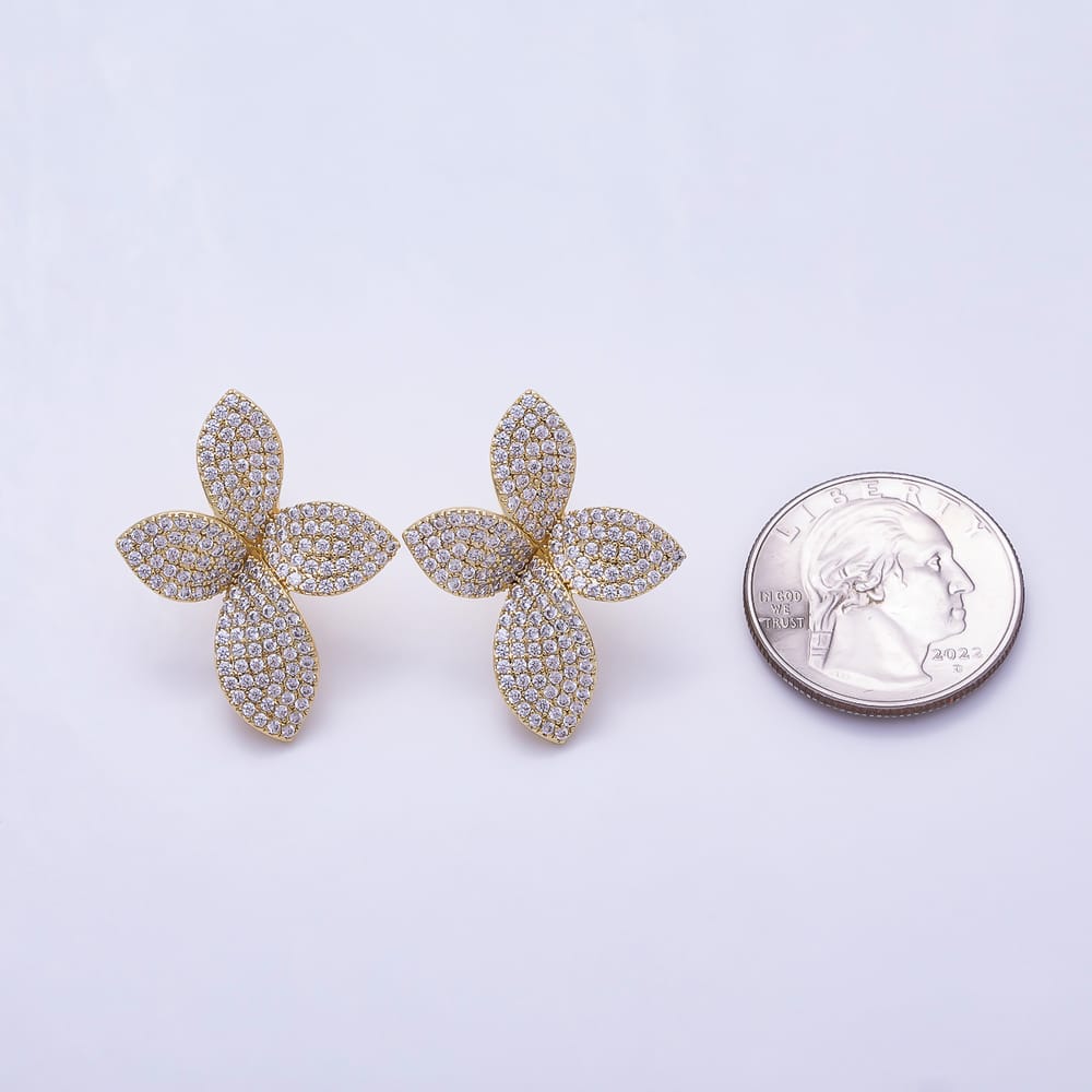 16K Gold Filled 30mm Micro Paved CZ Flower Loop Drop Stud Earring Findings | Findings-00678