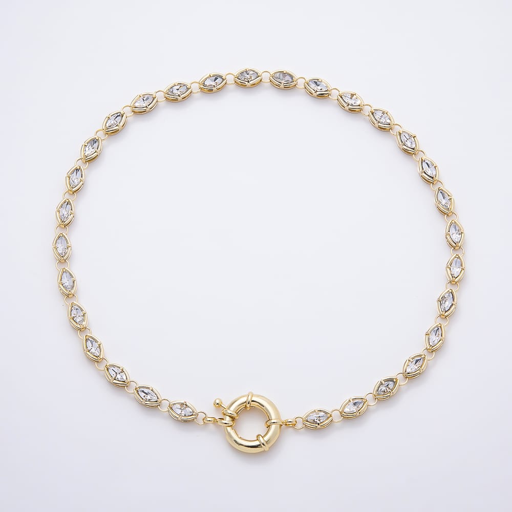 16K Gold Filled 7mm Clear CZ Marquise Bezel Gemstone Chain w. Sailor Clasps Charm Connector Holder Ring 18 Inch Necklace | WA-02255