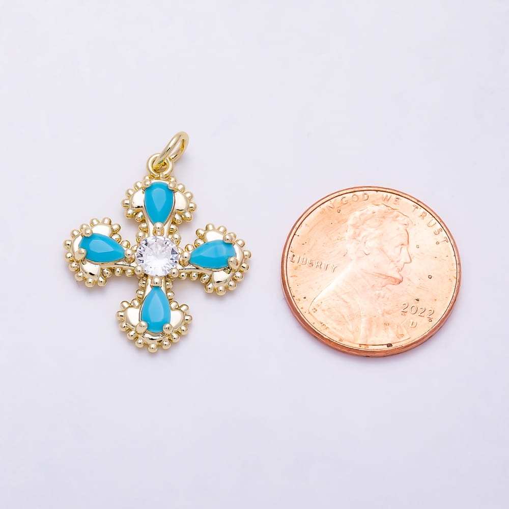 16K Gold Filled 22mm Teardrop Turquoise & Solitaire Clear CZ Vintage Cross Charm | Charms-02050 - Charms-02051