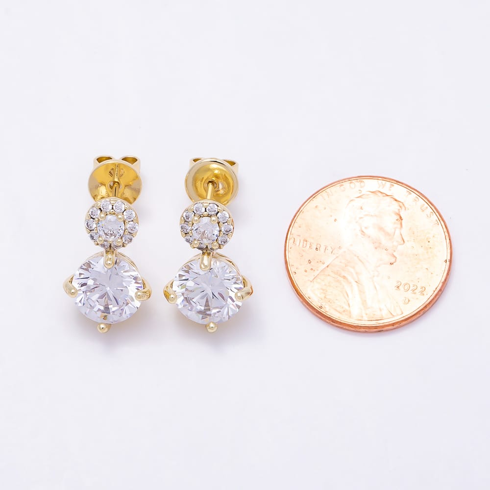 16K Gold Filled 18mm Clear Round Micro Paved CZ Double Drop Stud Earrings in Gold & Silver | Earrings-01064 Earrings-01065
