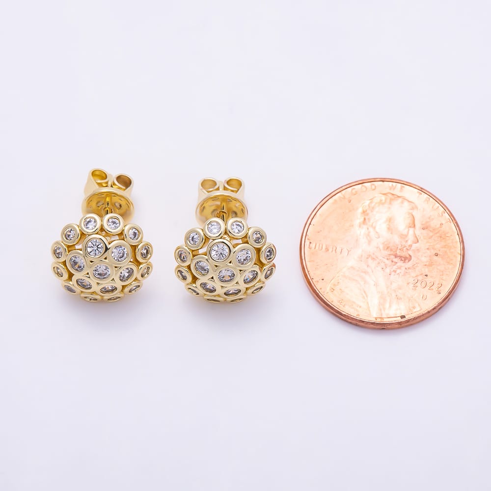 16K Gold Filled 11.5mm Clear CZ Round Bezel Dome Round Stud Earrings | Earrings-01088