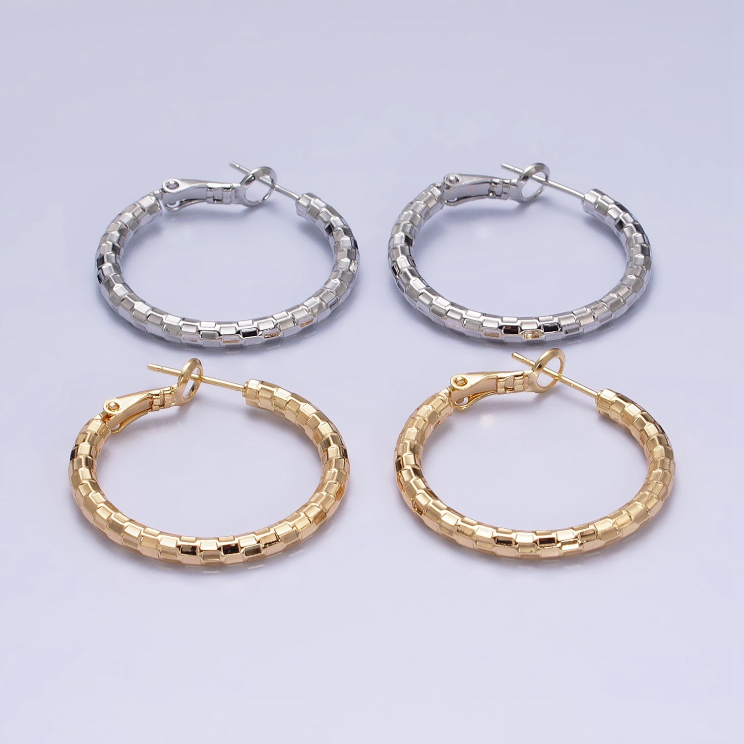 16K Gold Filled 30mm Multifaceted Textured Hinge Hoop Earrings in Gold & Silver | AD1211 AD1212