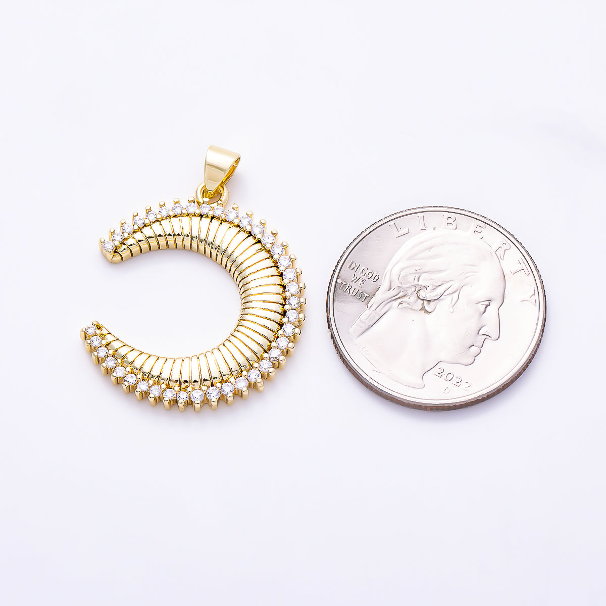16K Gold Filled 28mm Micro Paved CZ Ribbed Celestial Crescent Moon Pendant | Charms-02047