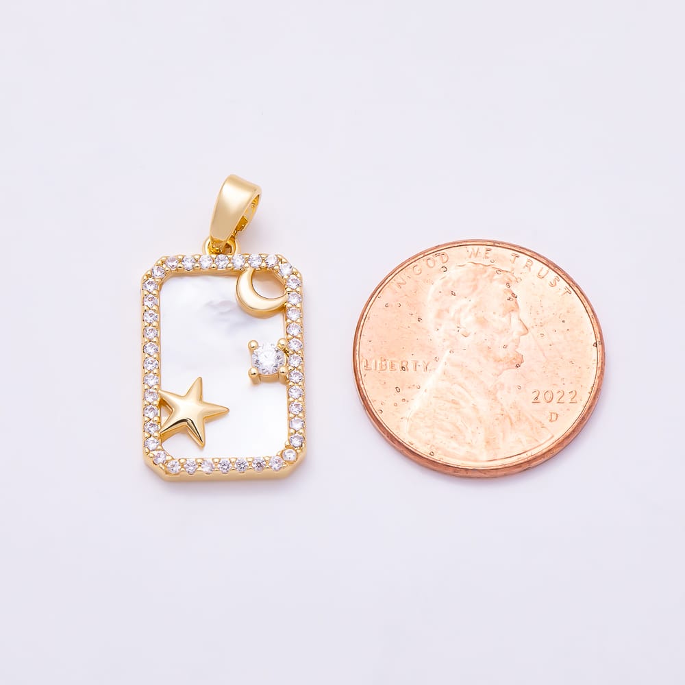 16K Gold Filled 20mm Celestial Star Moon Micro Paved CZ Shell Pearl Rectangle Pendant in Gold & Silver | Charms-02333 Charms-02334