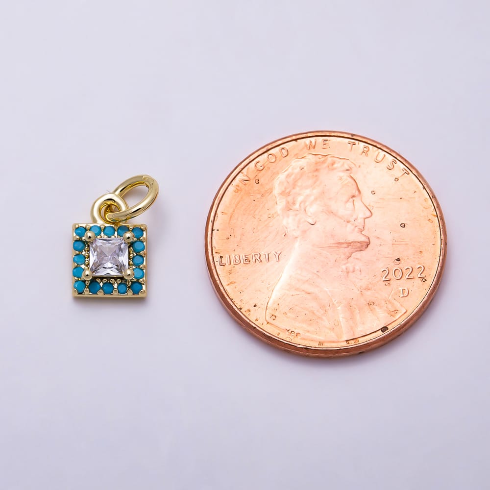 16K Gold Filled 11mm Princess Cut Clear CZ Turquoise Beaded Square Charm | Charms-02171