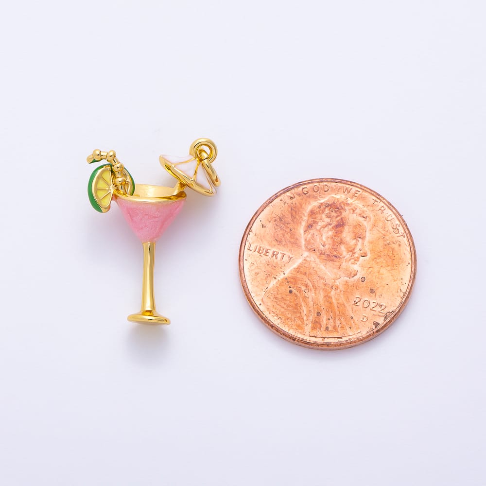 16K Gold Filled 20mm Pink Enamel Lime Cocktail Martini Glass 3D Multidimensional Charm | Charms-02449