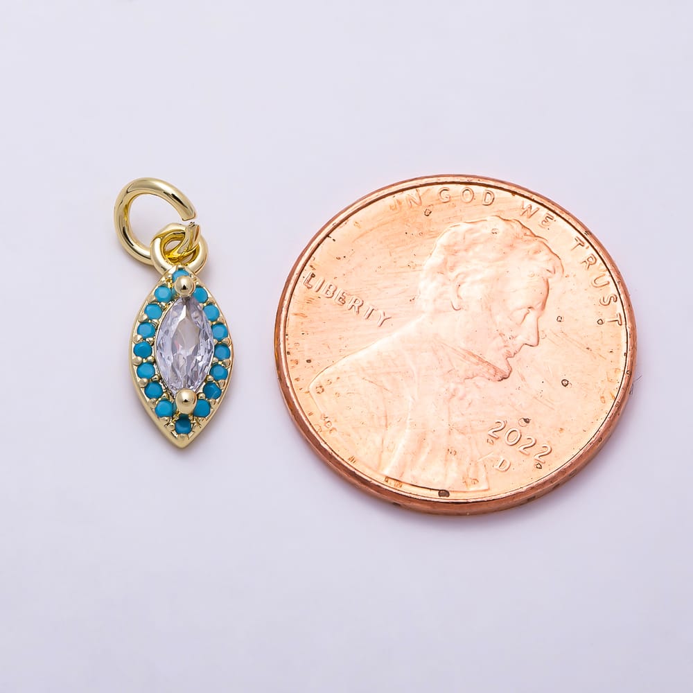 16K Gold Filled 12mm Marquise Evil Eye Clear CZ Turquoise Halo Charm | Charms-02173