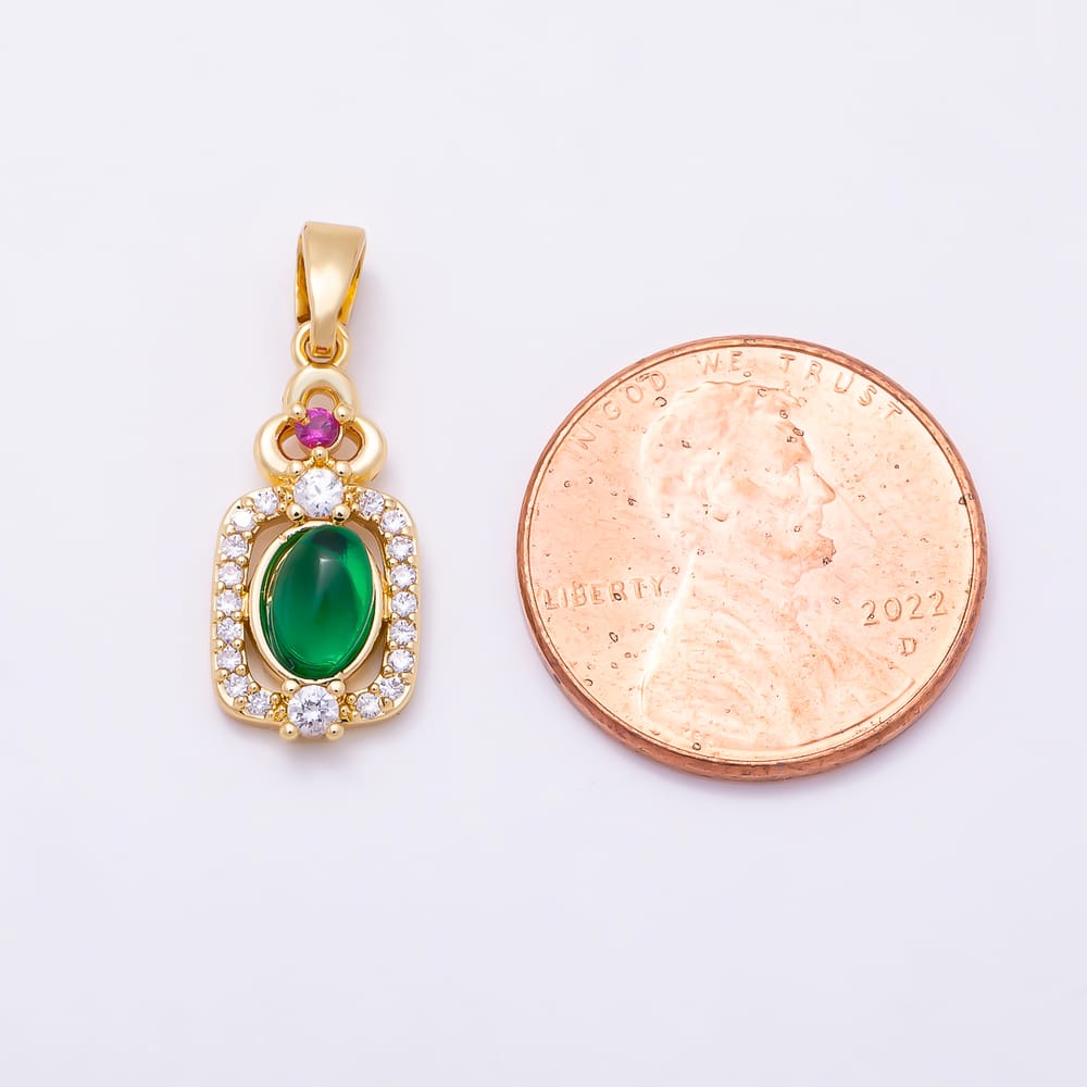 16K Gold Filled 18mm Green Agate Cabochon Micro Paved CZ Bezel Oval Pendant | Charms-02346 Charms-02347