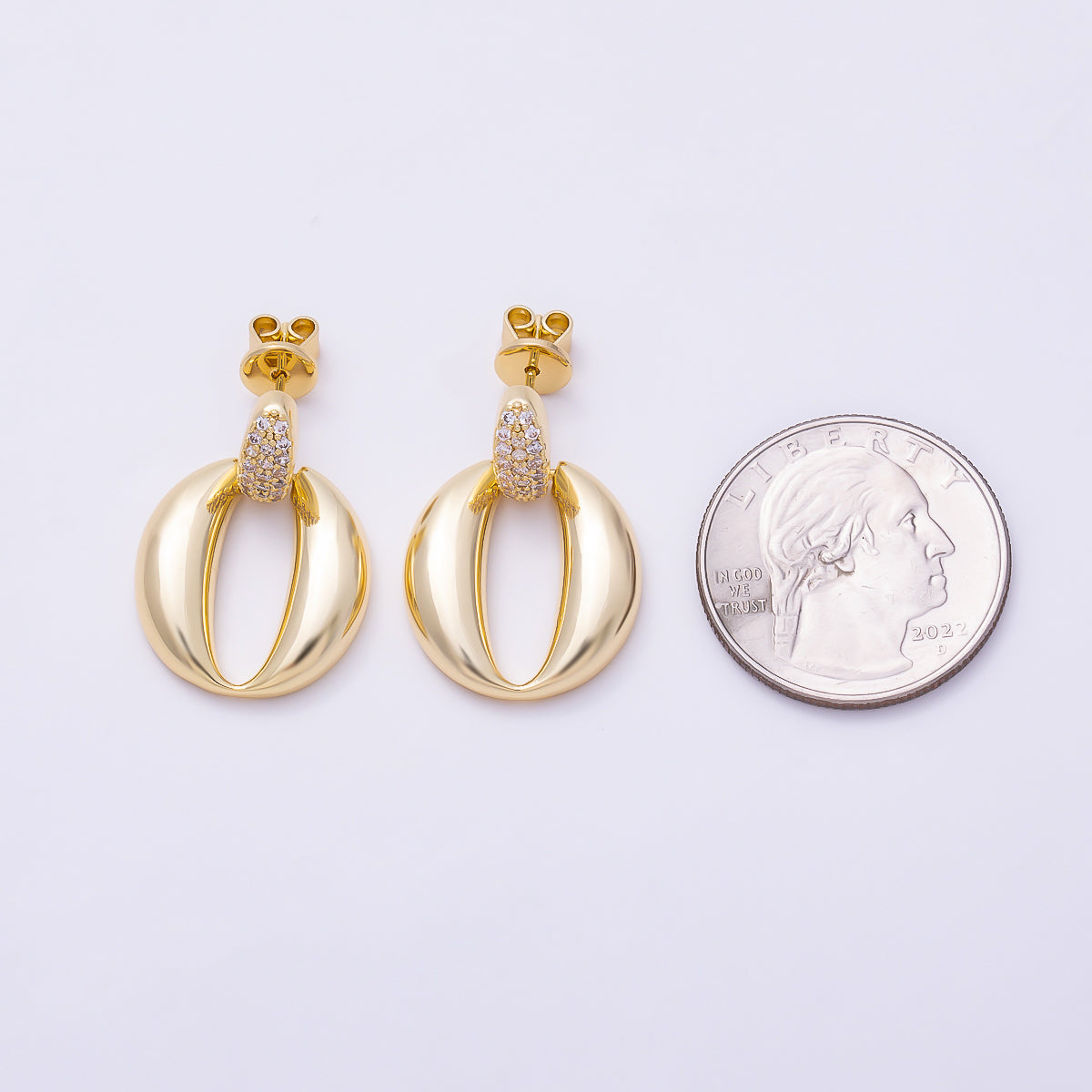 16K Gold Filled 26mm Micro Paved CZ Chunky Oval Dangle Drop Stud Earrings in Gold & Silver | Earrings-00847 - Earrings-00848