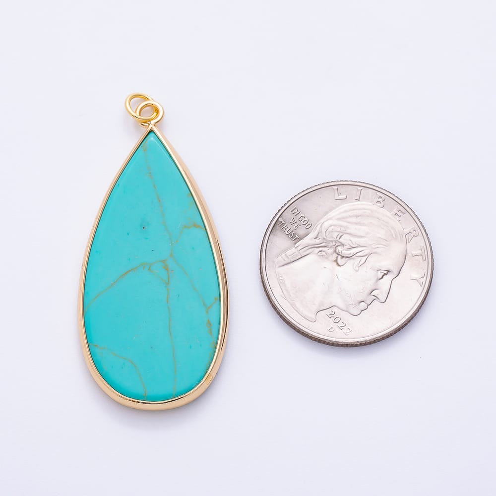 16K Gold Filled 45mm Turquoise Gemstone Teardrop Foil Bezel Pendant | Charms-02459