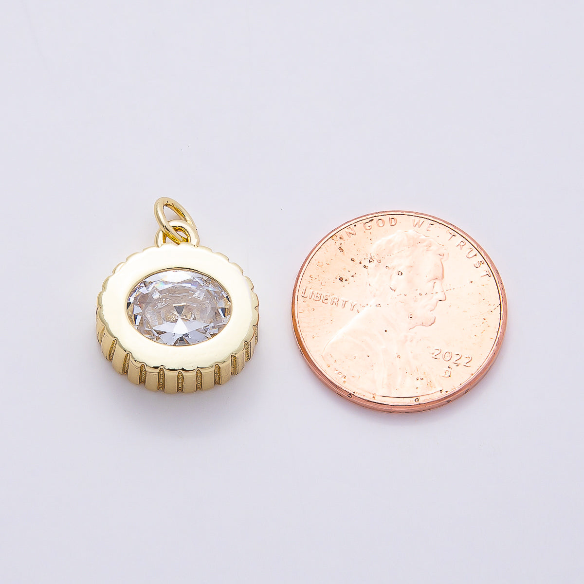 16K Gold Filled 16mm Clear CZ Ribbed Round Solitaire Charm | Charms-00758