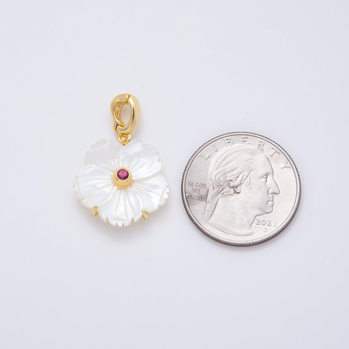 16K Gold Filled 20mm Birthstone CZ Mother of Pearl Flower Snap Drop Pendant | Charms-00965 ~ Charms-00976
