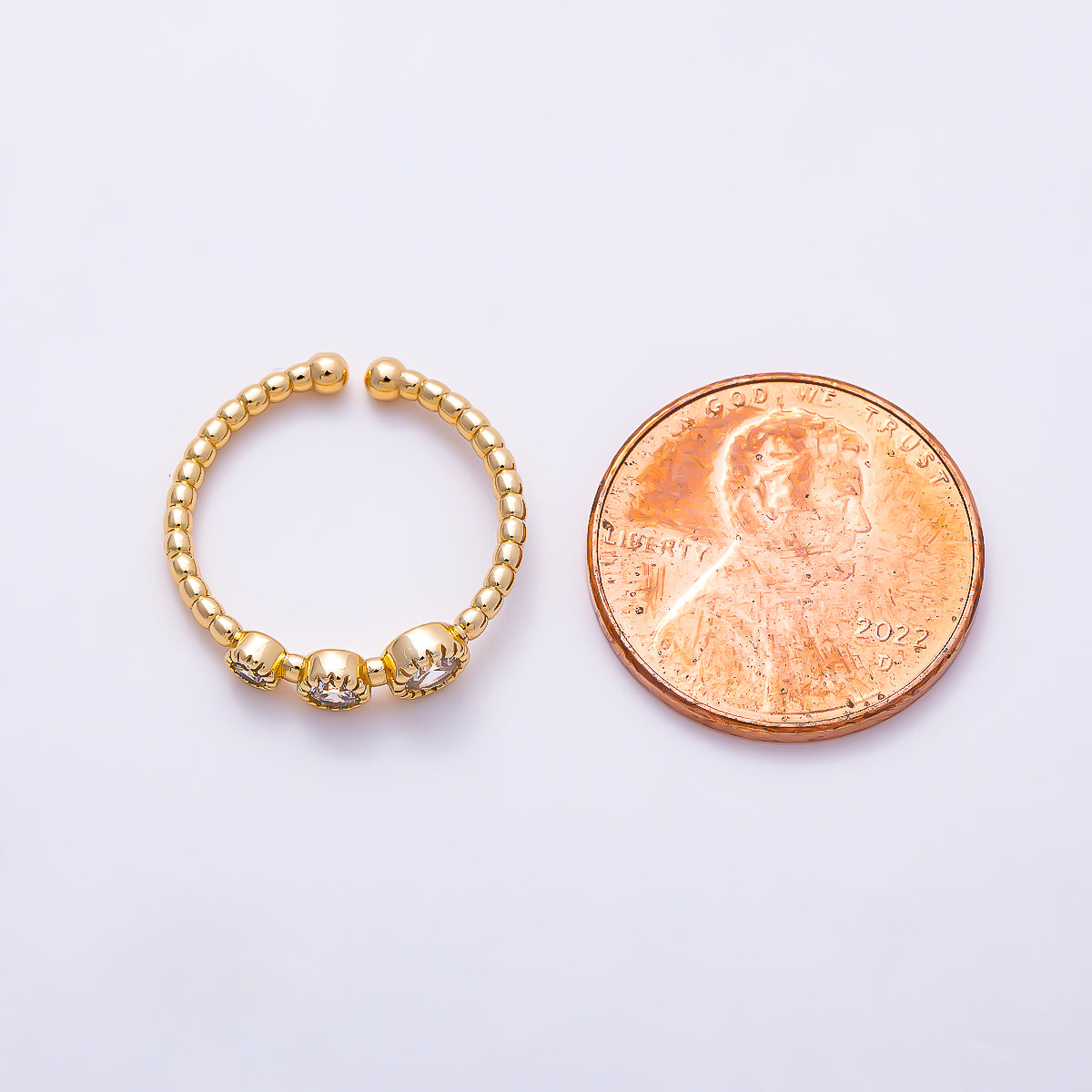 16K Gold Filled Clear Round CZ Trio Beaded Band Open Adjustable Pinky Ring | Rings-00382