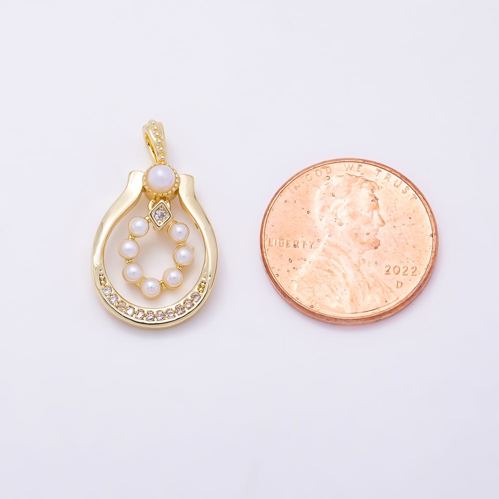 16K Gold Filled 23mm Shell Pearl Micro Paved CZ Open Teardrop Oval Pendant | Charms-02380