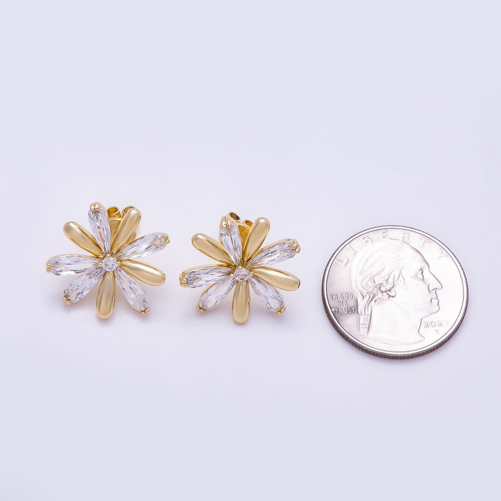 16K Gold Filled 19mm Marquise CZ & Smooth Petal Flower Stud Earrings in Gold & Silver | Earrings-00890 - Earrings-00891