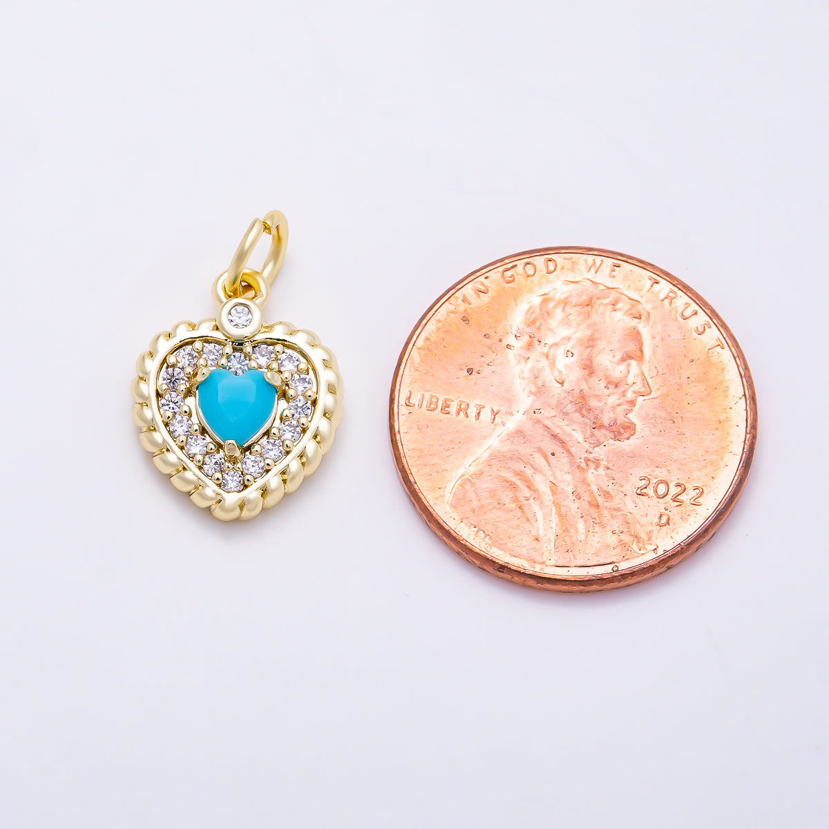 16K Gold Filled 14mm Turquoise Heart Micro Paved CZ Rope Edge Charm in Gold & Silver | Charms-01857 - Charms-01858