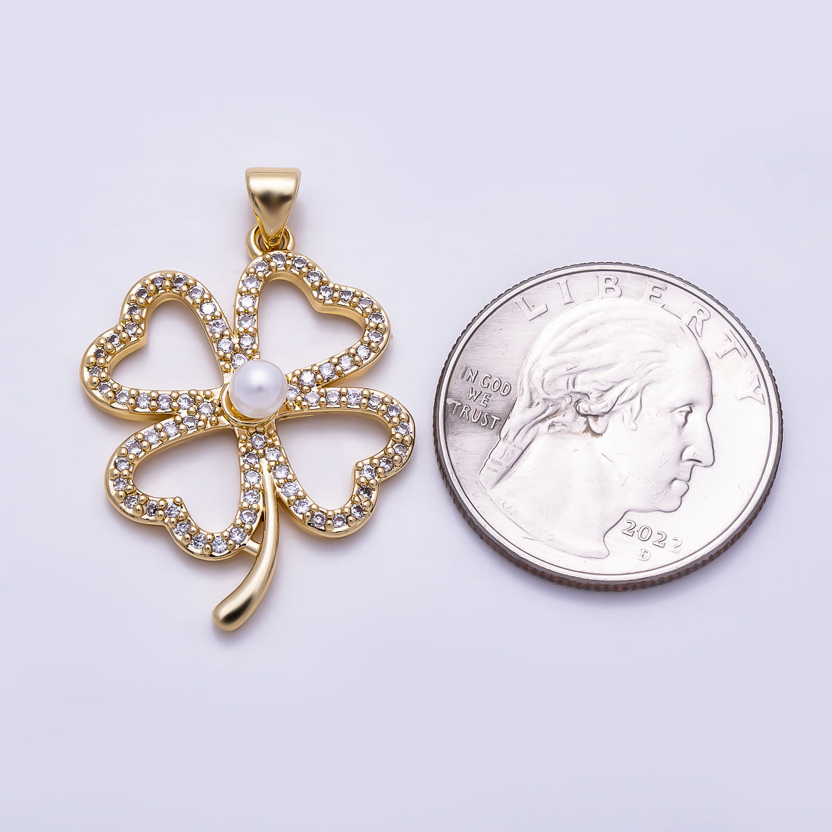16K Gold Filled 31mm Shell Pearl Micro Paved CZ Four-Leaf Lucky Clover Pendant Saint Patrick Charm | Charms-01927