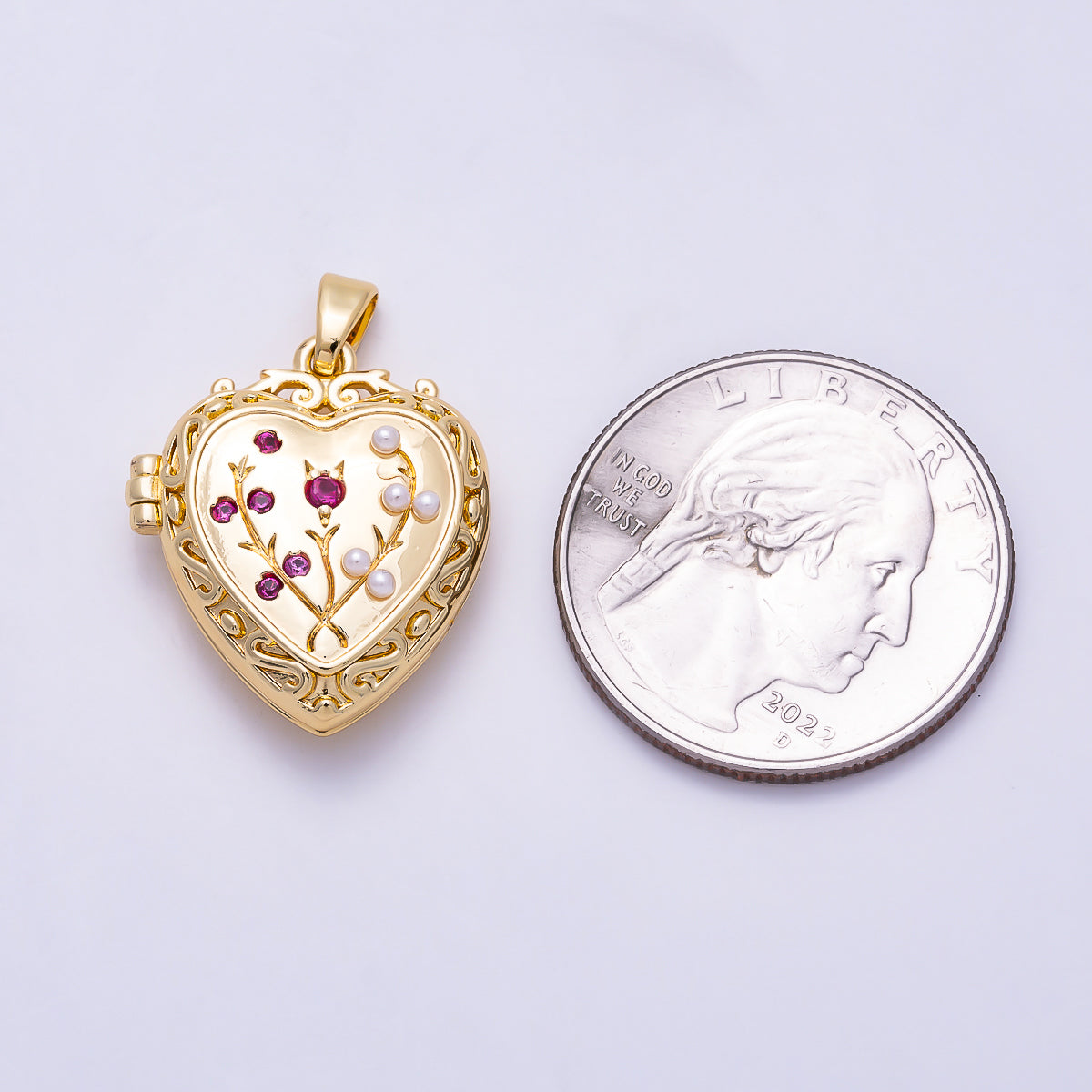 16K Gold Filled 22mm Fuchsia CZ Shell Pearl Filigree Artisan Flower Heart Locket Pendant | Charms-02002