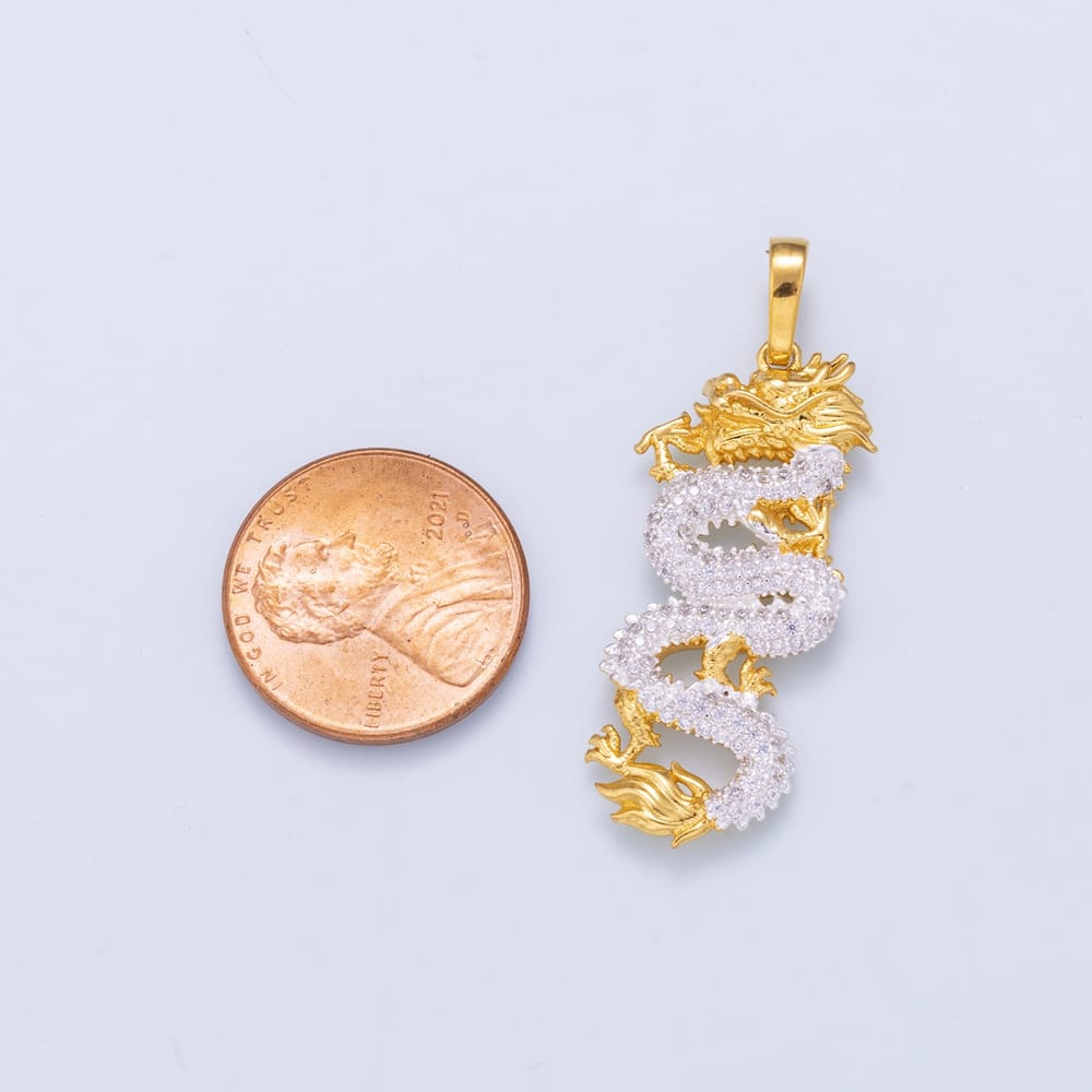 16K Gold Filled 34mm Mixed Metal Micro Paved CZ Dragon Pendant | Charms-02470