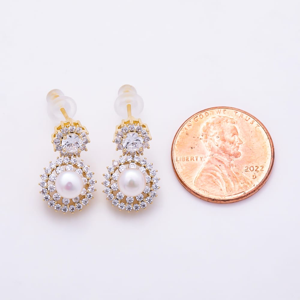 16K Gold Filled 18mm Clear CZ Shell Pearl Round Drop Stud Earrings in Gold & Silver | Earrings-01017 Earrings-01018