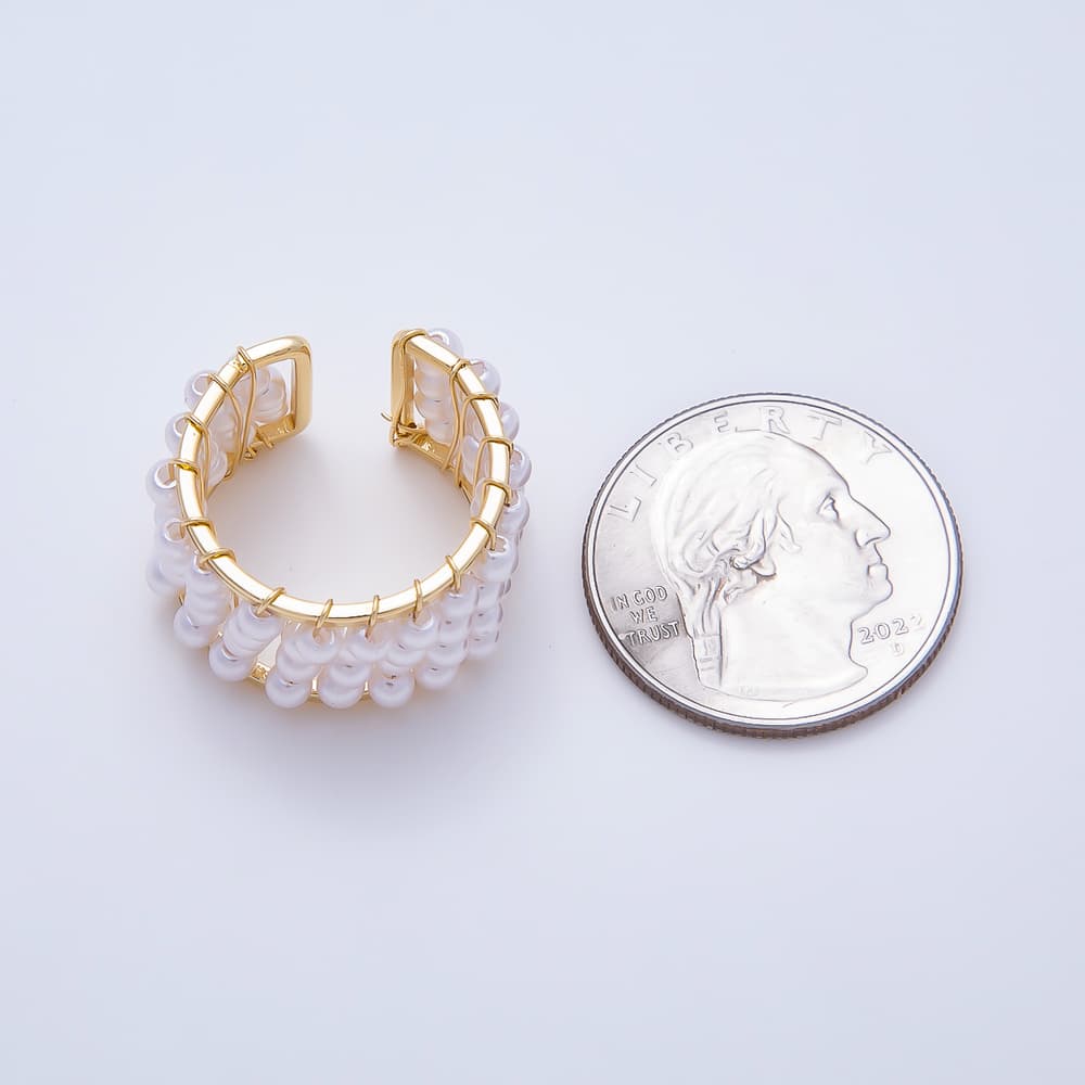 16K Gold Filled White Shell Pearl Wide Wire Wrapped Multi-Row Adjustable Ring | Rings-00415