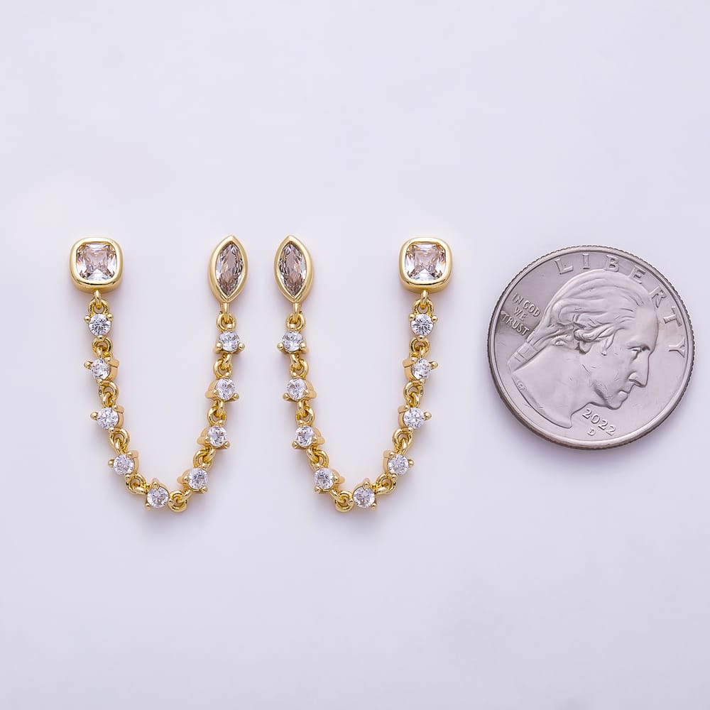 16K Gold Filled 66mm Cushion & Marquise CZ Double Piercing Tennis Chain Link Stud Earrings | Earrings-00917