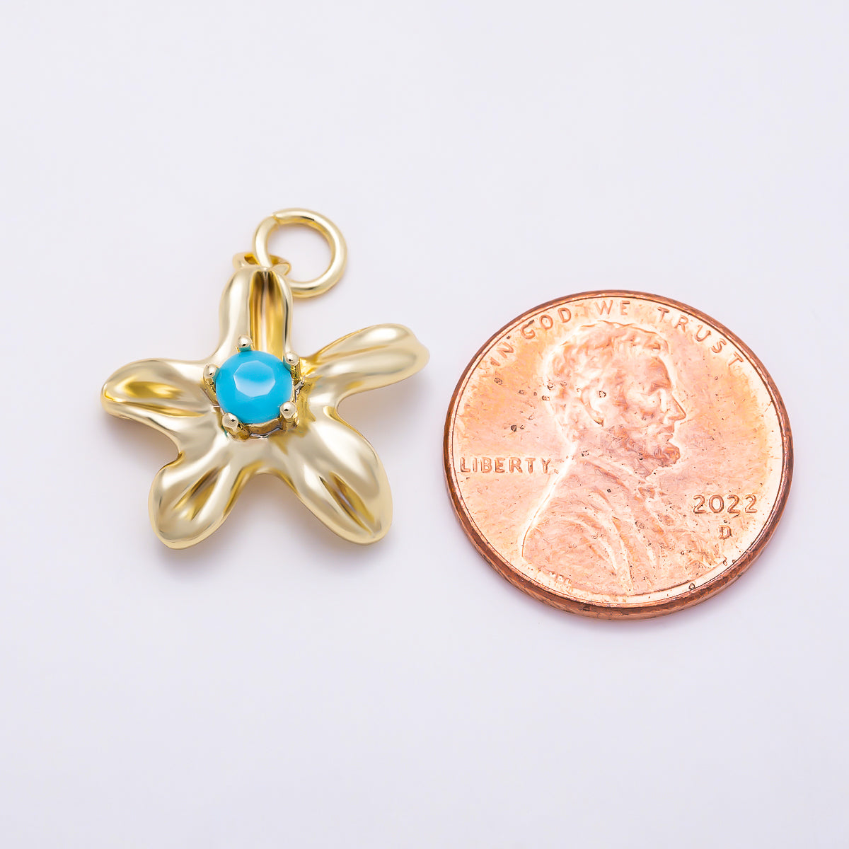 16K Gold Filled 17mm Turquoise CZ Organic Five Petals Flower Charm | Charms-01859 - Charms-01860