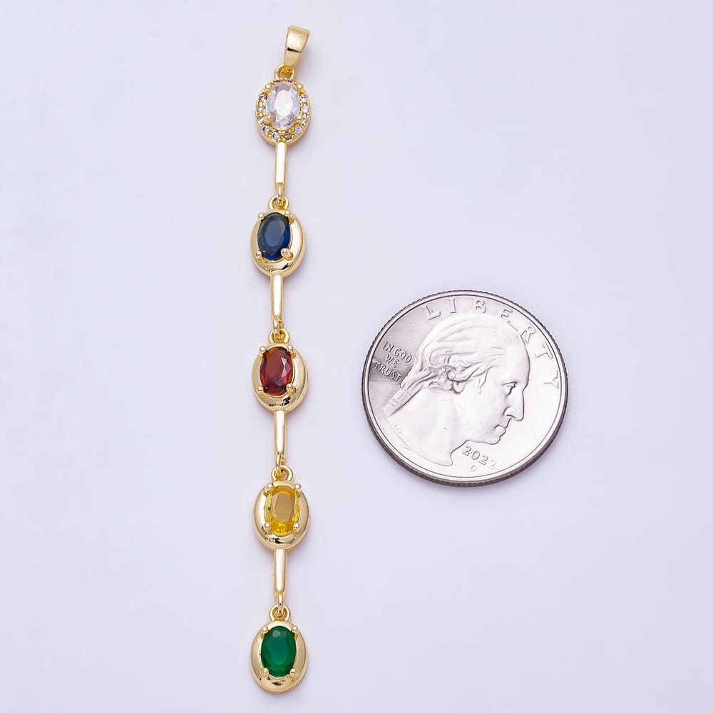 16K Gold Filled 78.5mm Multicolor Micro Paved CZ Oval Bezel Bar Drop Charm | Charms-02253