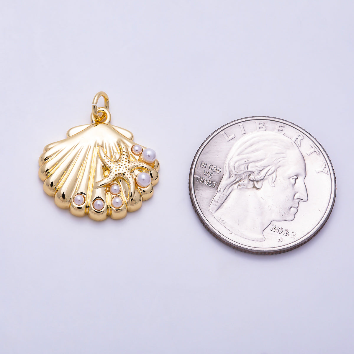 16K Gold Filled 20mm Shell Pearl Dotted Starfish Sea Shell Scallop Charm | Charms-01998