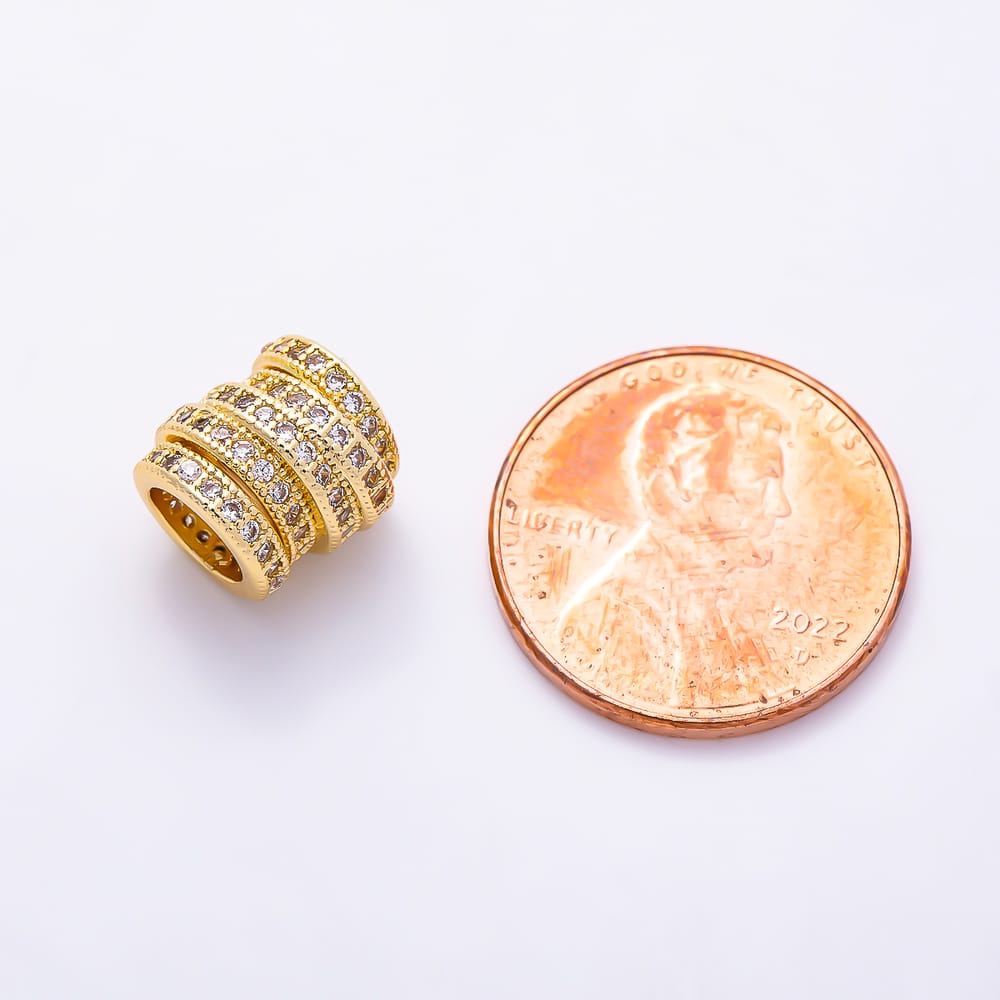 16K Gold Filled 10mm Clear Micro Paved CZ Cylinder European Spacer Bead | Beads-00609
