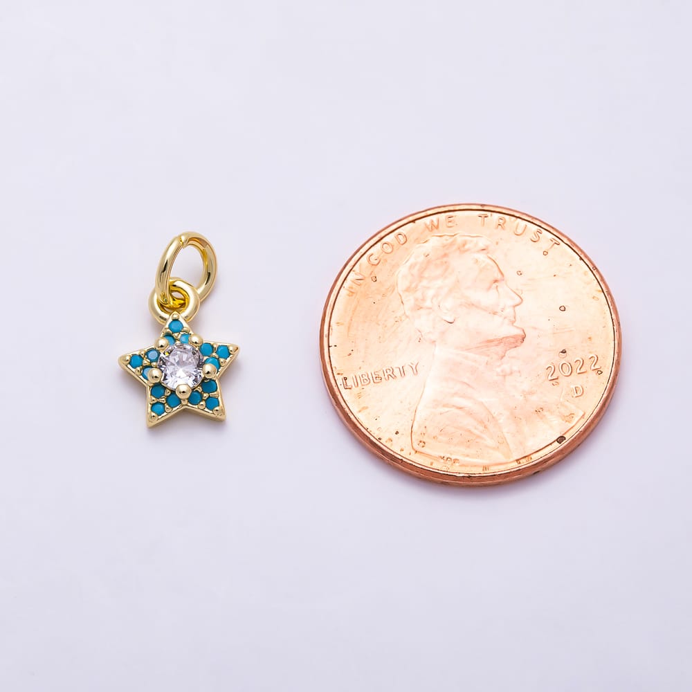 16K Gold Filled 9mm Clear Round CZ Turquoise Celestial Star Charm | Charms-02178