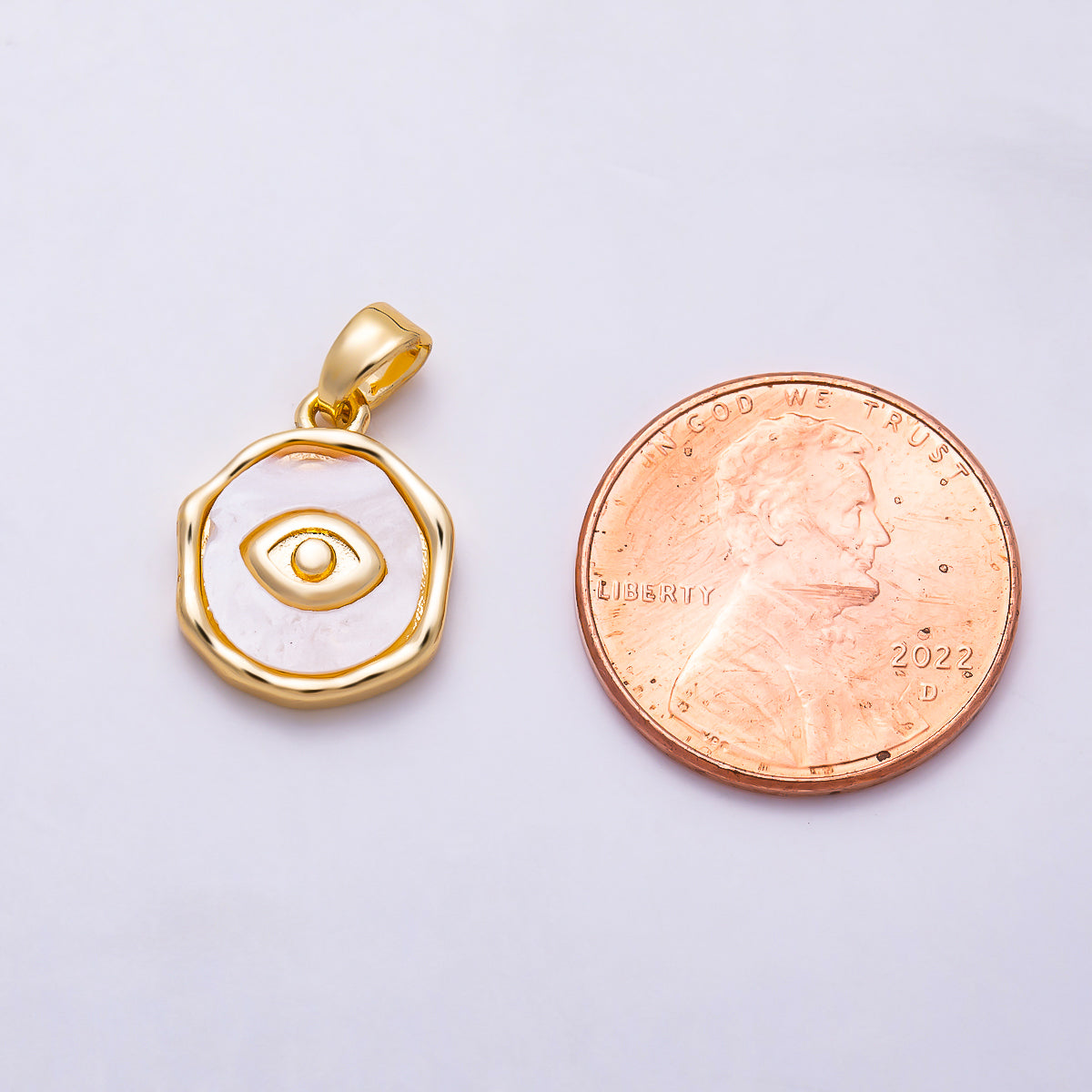 16K Gold Filled 14mm White Mother of Pearl Evil Eye Religious Pendant | Charms-01983