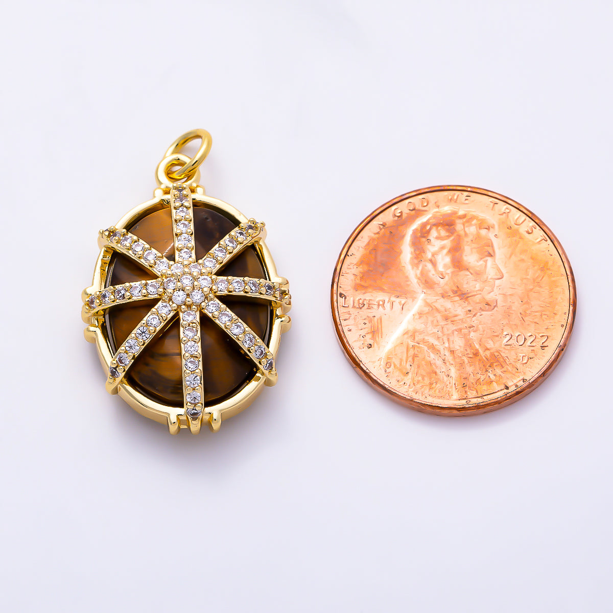 16K Gold Filled 23mm Micro Paved CZ Oval Natural Gemstone Starburst Overlay Pendant | Charms-01659 - Charms-01661