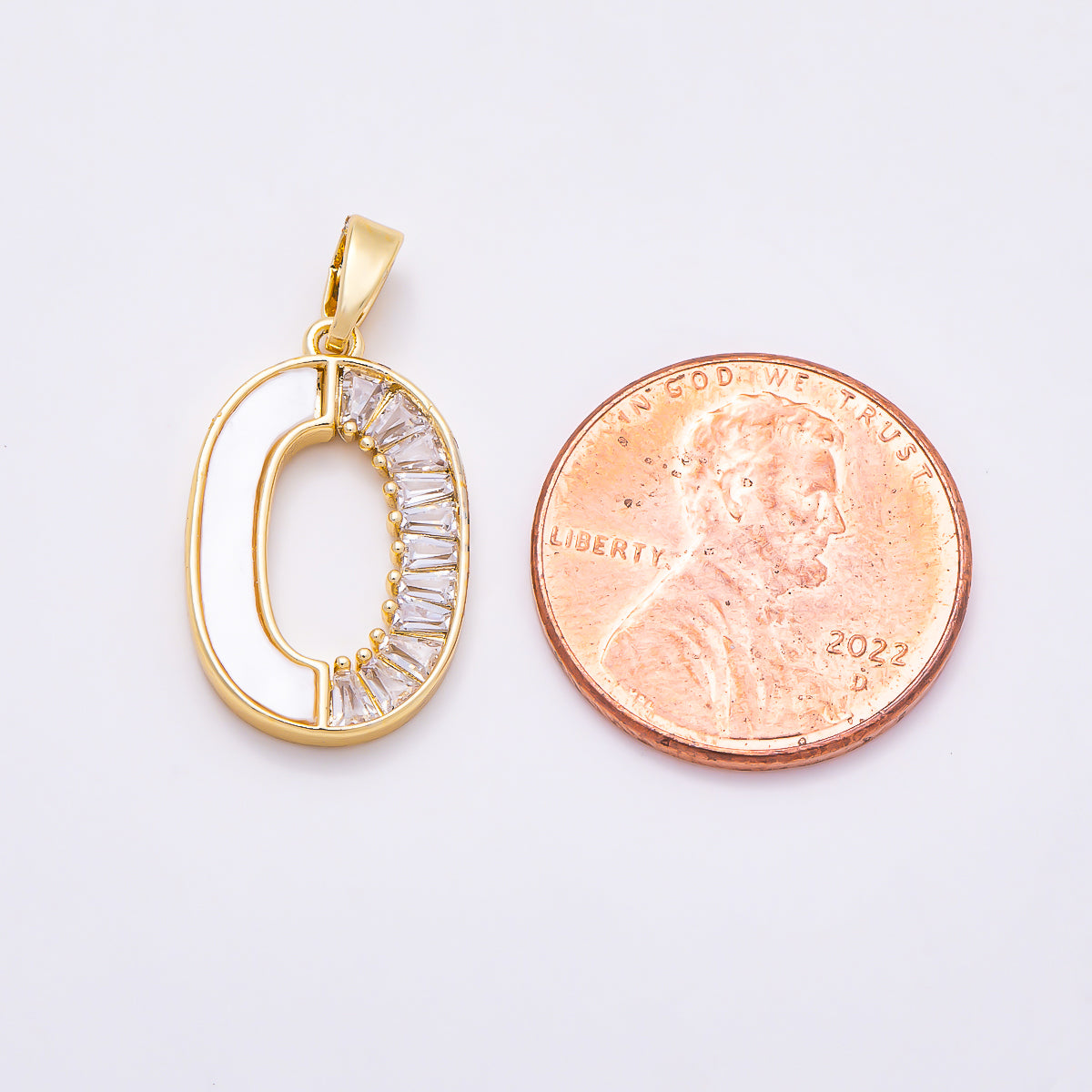 16K Gold Filled 19mm Letter O Shell Pearl & Baguette CZ Initial Pendant | Charms-01894