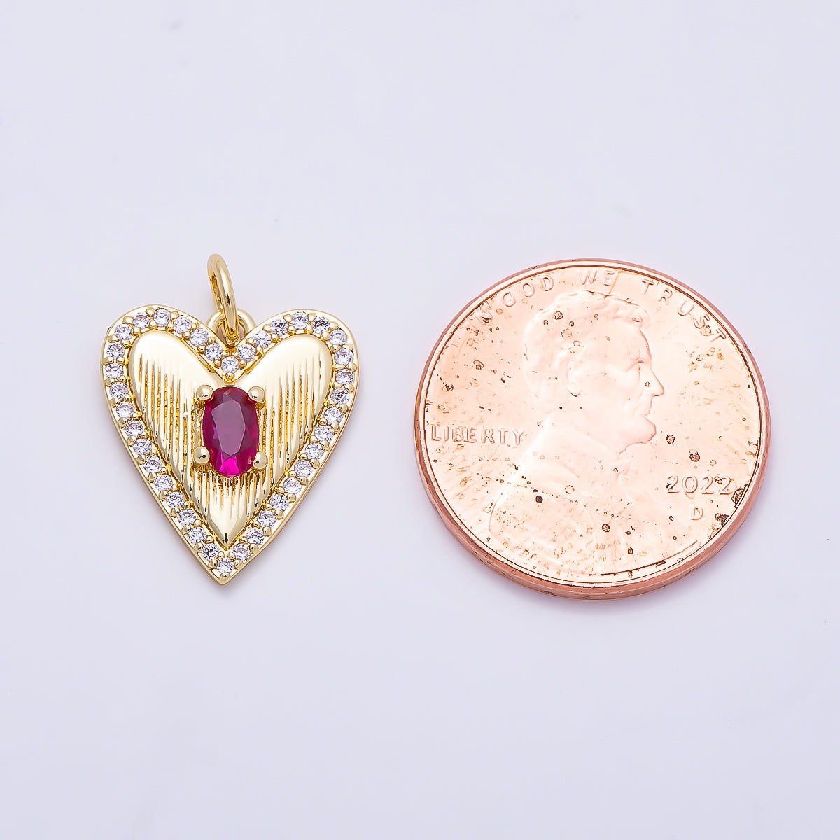 16K Gold Filled 15.5mm Fuchsia Oval CZ Micro Paved Ribbed Heart Charm | Charms-01272