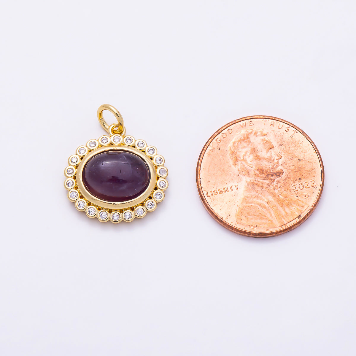 16K Gold Filled 15mm Clear CZ Amethyst Cabochon Gemstone Oval Bezel Charm | Charms-02024