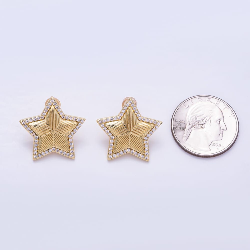 16K Gold Filled 23mm Micro Paved CZ Textured Puffed Celestial Star Stud Earrings| Earrings-00924 - Earrings-00925