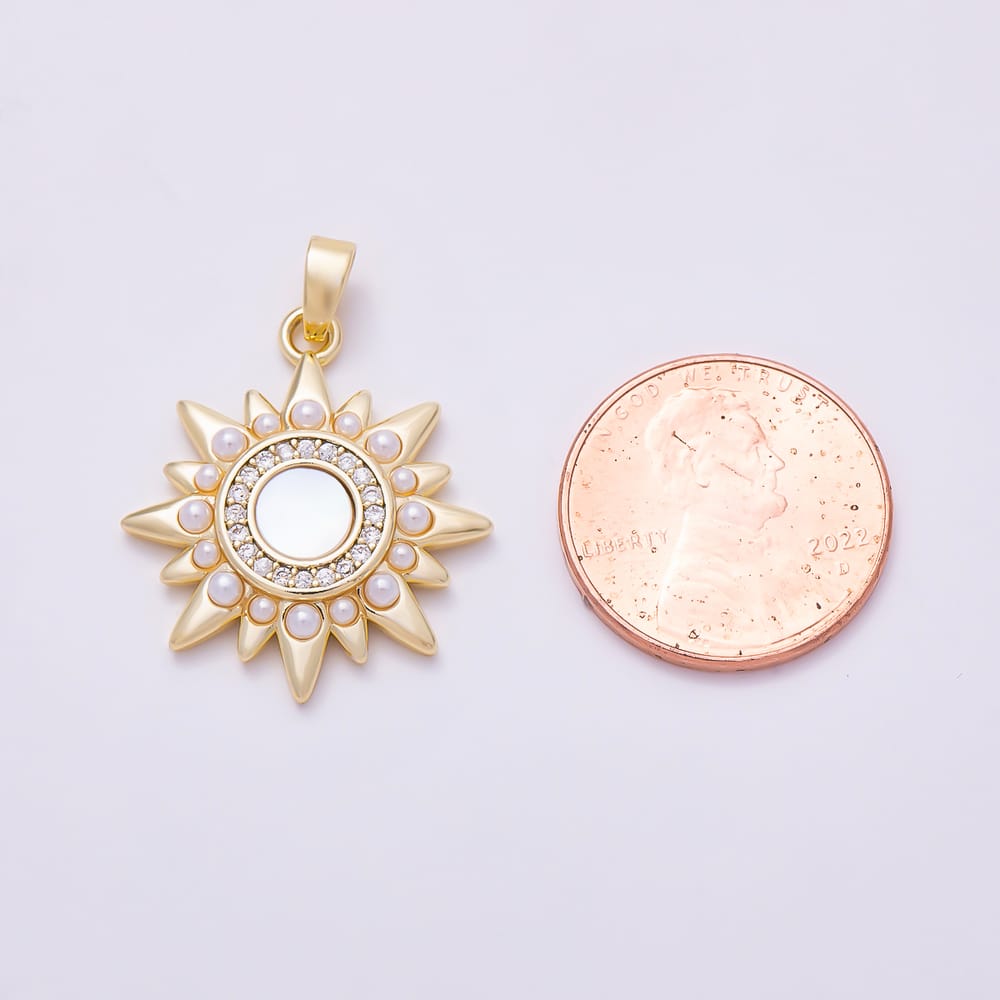 16K Gold Filled 24mm Micro Paved CZ Round Mother of Pearl Celestial Sunburst Pendant | Charms-02220